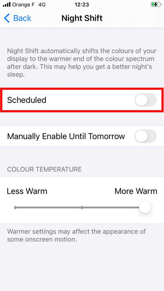 Cómo apagar la luz azul en iPhone con turno de noche paso 3