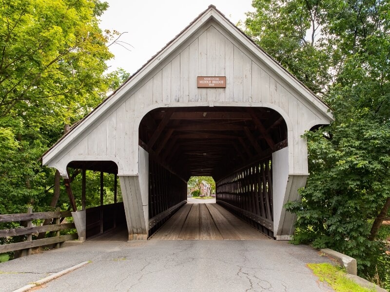 middle covered bridge in woodstock vermont on a gloomy day